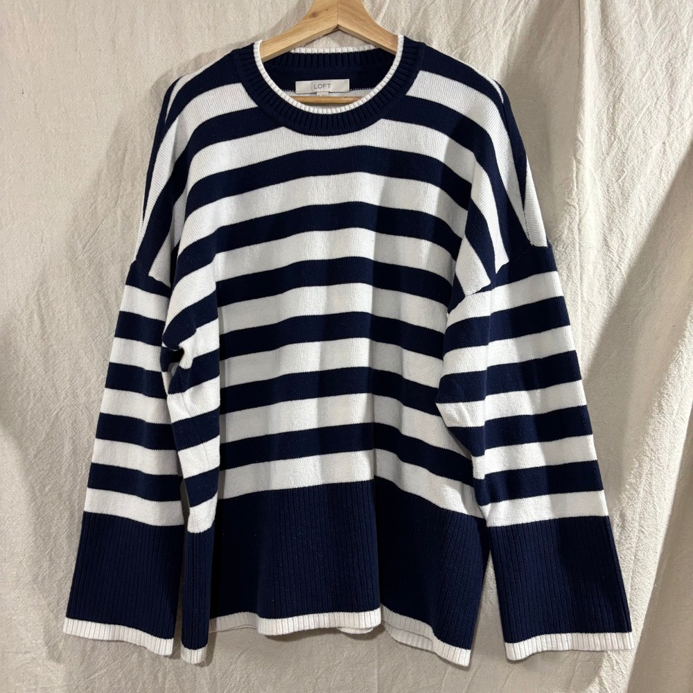 Loft Navy Blue White Striped Crew Neck Oversized Sweater XL Preppy Nautical